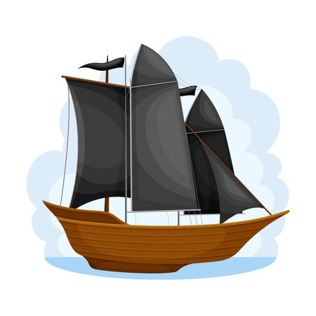 Pirate Ship with Black Sails and Square Rigged Mast Navigating Upon Water Vector Illustrationのイラスト素材