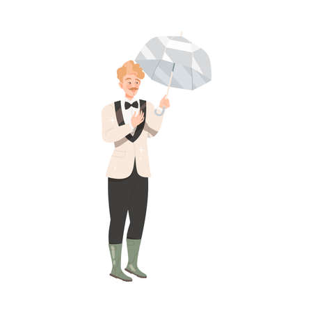 Young Moustached Bridegroom as Newlywed or Just Married Male Standing in Suit and Rubber Boots Under Umbrella Vector Illustrationのイラスト素材