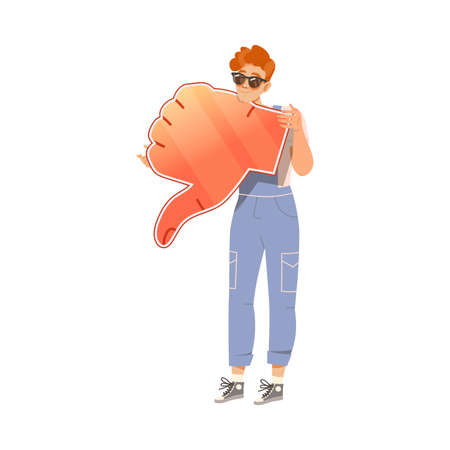 Male in Sunglasses Wearing Jumpsuit Holding Thumb Down Sign as Notification of Disapproval Vector Illustrationのイラスト素材