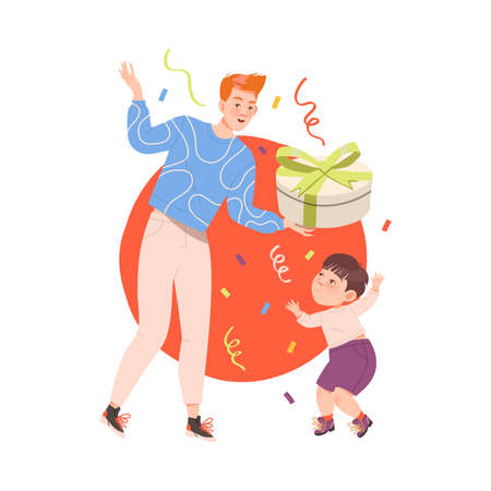 Dad Giving Wrapped Gift Box to His Son Celebrating Special Occasion Like Birthday or Holiday Vector Illustrationのイラスト素材