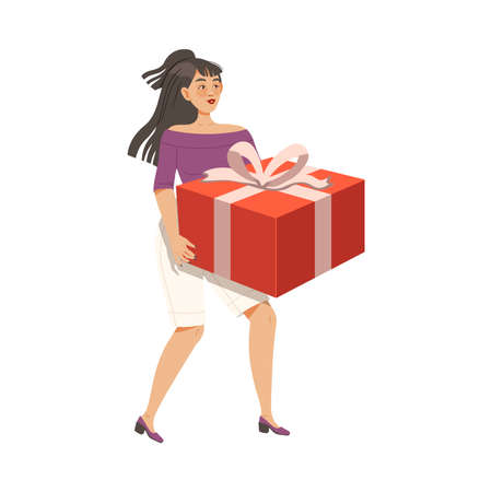 Happy Woman Carrying Wrapped Gift Box for Special Occasion Like Birthday or Holiday Celebration Vector Illustrationのイラスト素材