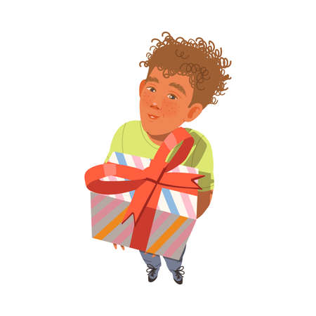 Excited Teenager Boy with Curly Hair Receiving Wrapped Gift Box for Special Occasion Like Birthday or Holiday Celebration Vector Illustrationのイラスト素材