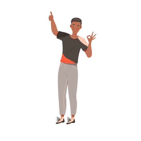 Man Showing OK Gesture and Pointing His Finger Feeling Happiness and Excitement Vector Illustrationのイラスト素材