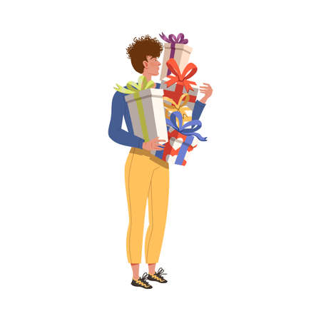 Happy Man Carrying Pile of Wrapped Gift Box for Special Occasion Like Birthday or Holiday Celebration Vector Illustrationのイラスト素材
