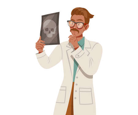 Doctor with Moustache Wearing White Coat Looking at Head Scan Thinking Vector Illustrationのイラスト素材