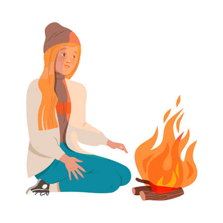 Happy Redhead Female Sitting at Campfire Looking at Burning Fire Vector Illustrationのイラスト素材