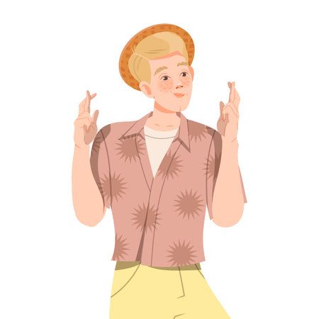 Male in Straw Hat Showing Crossed Fingers as Hand Gesture Wishing for Luck Vector Illustrationのイラスト素材
