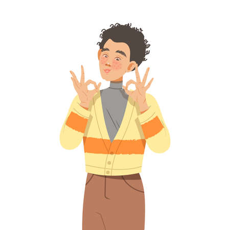 Freckled Man Showing OK Gesture with His Hands Feeling Happiness and Excitement Vector Illustrationのイラスト素材