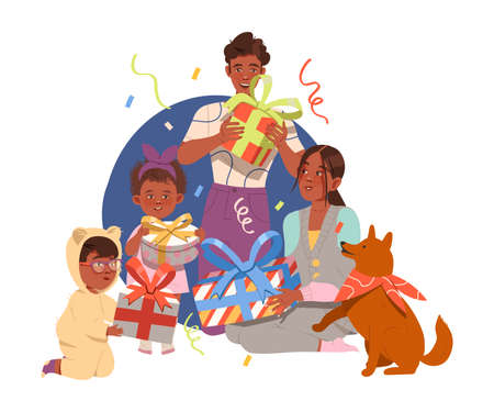 Family Gathered Together for Giving Gifts to Each Other Celebrating Special Occasion Like Birthday or Holiday Vector Illustrationのイラスト素材