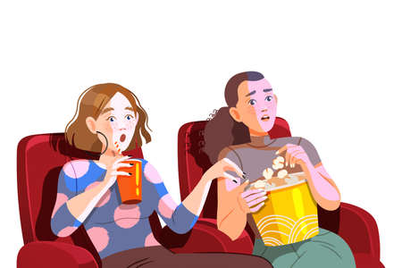 Female Friends Watching Movie at the Cinema Gasping in Astonishment Vector Illustrationのイラスト素材