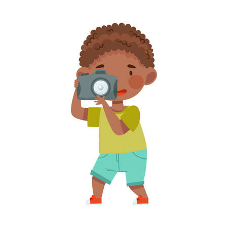 Pretty African American Boy Holding Digital Camera Taking Photograph Vector Illustrationのイラスト素材