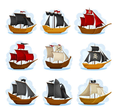 Pirate Sailing Ship with Square Rigged Masts Navigating Upon Water Vector Setのイラスト素材