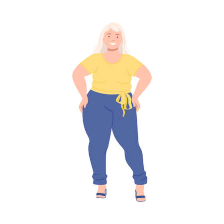 Blond Woman Character with Corpulent Body on High Heels in Standing Pose Full Length Vector Illustrationのイラスト素材