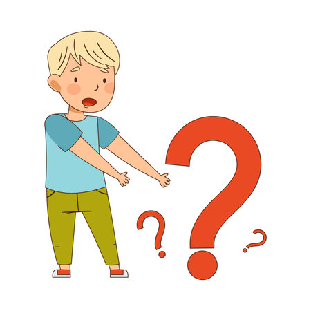 Puzzled Little Boy Pointing at Question Mark Wondering Vector Illustrationのイラスト素材