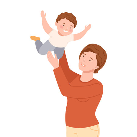 Smiling Mother Playing with Her Son Pretending Him Flying Vector Illustrationのイラスト素材
