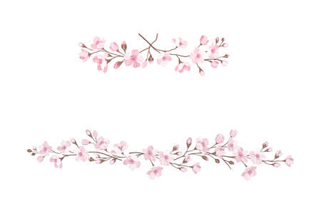 Sakura or Cherry Blossom Twigs Arranged in Border Line Vector Illustrationのイラスト素材