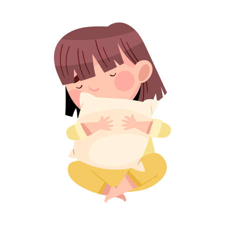 Sleepy Little Girl in Pajamas Sitting Cross Legged and Hugging Pillow Vector Illustrationのイラスト素材