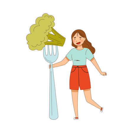 Young Female with Huge Fork and Broccoli as Source of Vitamin and Energy Vector Illustrationのイラスト素材