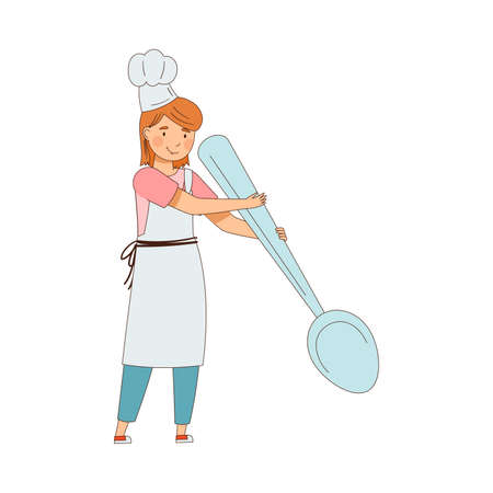 Redhead Female in Apron Holding Huge Spoon Mixing Something Vector Illustrationのイラスト素材