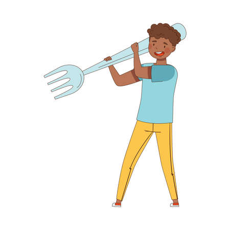 African American Man with Huge Fork Ready to Eat Meal Vector Illustrationのイラスト素材