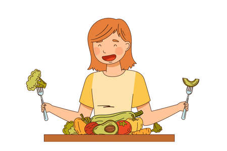Vegetarian Female at Table Eating Raw Vegetables Vector Illustrationのイラスト素材