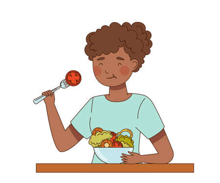 Vegetarian African American Female at Table Eating Fresh Vegetable Salad Vector Illustrationのイラスト素材