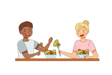 Vegetarian Male and Female at Table Eating Fresh Vegetable Salad Vector Illustrationのイラスト素材
