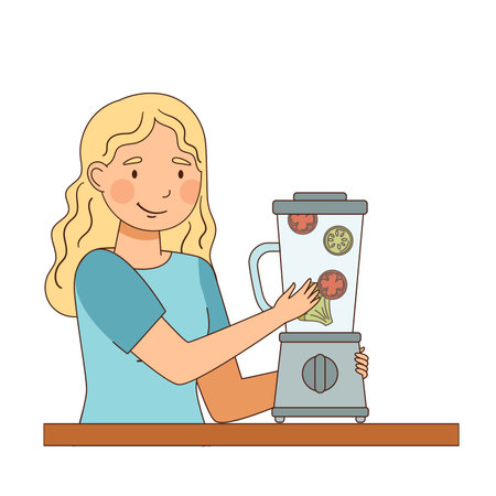 Vegetarian Blond Female at Table Cooking Fresh of Raw Vegetables in Blender Vector Illustrationのイラスト素材