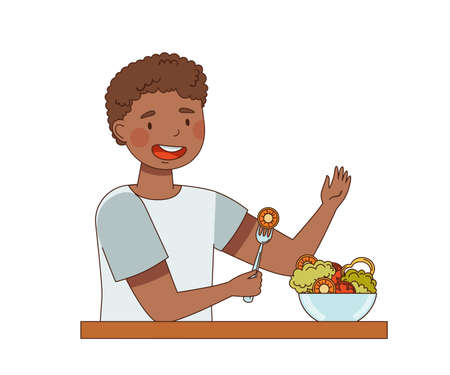 Vegetarian African American Male at Table Eating Fresh Vegetable Salad Vector Illustrationのイラスト素材