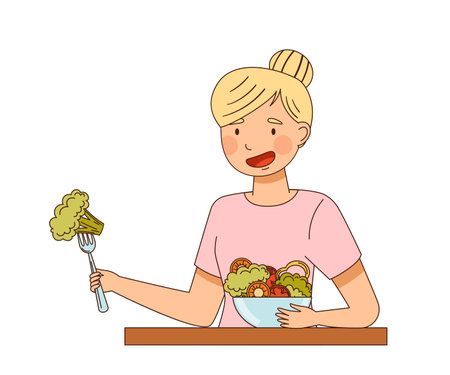 Vegetarian Female at Table Eating Fresh Vegetable Salad Vector Illustrationのイラスト素材