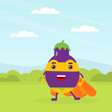 Funny Eggplant Hero in Mask and Cloak Standing on Green Lawnのイラスト素材