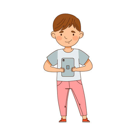 Pretty Little Boy Using Tablet PC as Electronic Gadget Vector Illustrationのイラスト素材