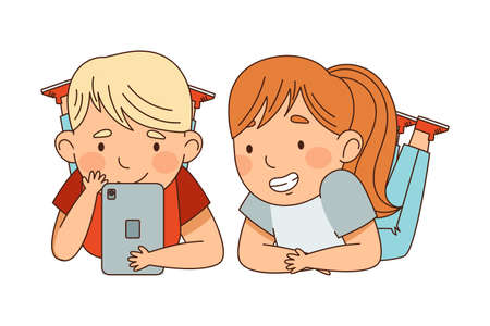 Cute Boy and Girl Lying with Tablet PC Watching at Something Vector Illustrationのイラスト素材