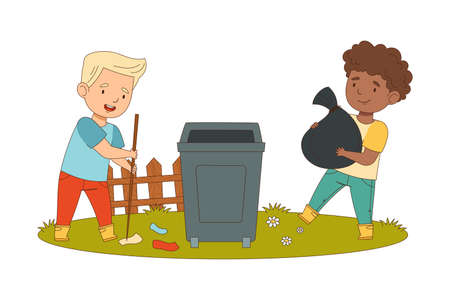 Cheerful Boys Enjoying Spring Season Engaged in Litter Pick Carrying Sack in Trash Bin Vector Illustrationのイラスト素材