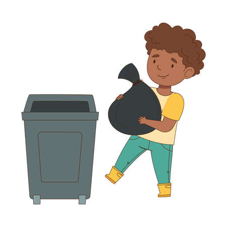 Cheerful Boy Enjoying Spring Season Engaged in Litter Pick Carrying Sack in Trash Bin Vector Illustrationのイラスト素材