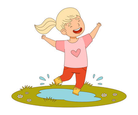 Happy Girl with Ponytail Jumping with Joy Splashing in Puddle Engaged in Spring Season Activity Vector Illustrationのイラスト素材