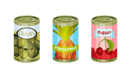 Closed Steel Labeled Can or Tin with Olives and Pineapple Vector Setのイラスト素材