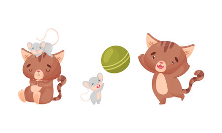 Cute Friendly Cat and Mouse Playing Ball and Sleeping Vector Setのイラスト素材