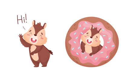 Cartoon Chipmunk Greeting and Peeping Out from Doughnut Vector Setのイラスト素材