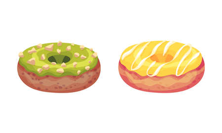 Sweet and Yummy Creamy Doughnut Dessert with Sugar Glaze on Top Vector Setのイラスト素材