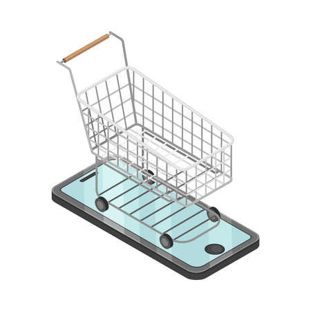 Cart Rested on Smartphone Screen as Shopping and Retail Industry Isometric Vector Illustrationのイラスト素材