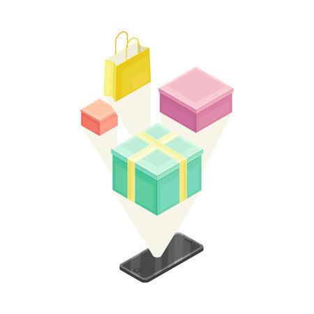 Shopping and Retail Industry with Smartphone and Boxes with Package Isometric Vector Illustrationのイラスト素材