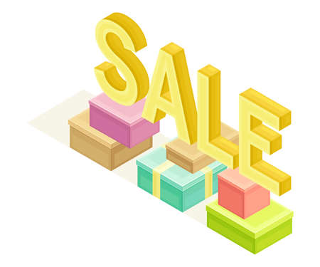 Shopping and Retail Industry with Cardboard Box Rested Near Sale Word Isometric Vector Illustrationのイラスト素材
