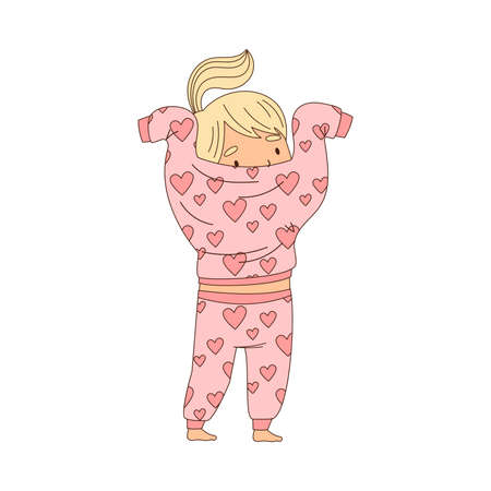 Cute Little Girl Putting on Pajama Getting Ready to Bedtime Vector Illustrationのイラスト素材