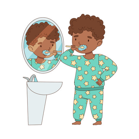 Little African American Boy Getting Ready to Bedtime Brushing Her Teeth Vector Illustrationのイラスト素材