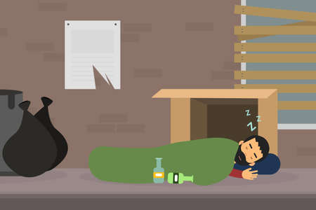 Homeless Man Vagabond Sleeping on Street Ground Vector Illustrationのイラスト素材