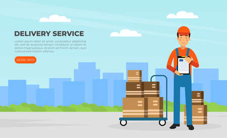 Man Worker in Uniform with Cardboard Box as Delivery and Moving Service Landing Page Vector Templateのイラスト素材