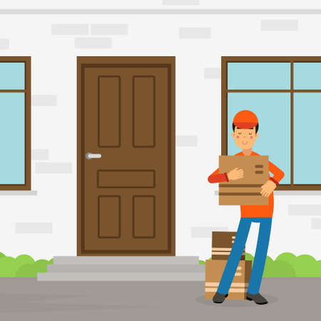 Man Worker in Uniform with Cardboard Box as Delivery and Moving Service Vector Illustrationのイラスト素材