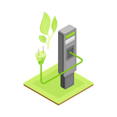Renewable Green Energy Source with Stand for Electric Car Charging with Plug Isometric Vector Illustrationのイラスト素材