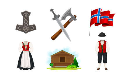 Norway Attributes with Flag on Pole and National Ethnic Clothing Vector Setのイラスト素材